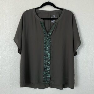 Juicy Couture Moss Green Semi Sheer Sequin Blouse Top, XL